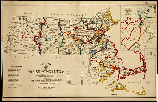 Map of Massachusetts showing population according to United States Census of 1900 and congressional districts