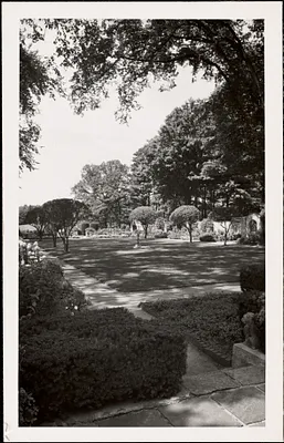 View of formal garden from a stone terrace