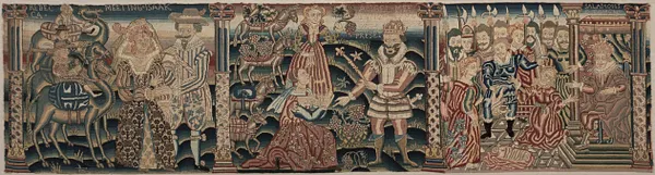 Section of an Embroidered Frieze: Rebecca Meeting Isaac, Abigail Meeting David with a Present, The Judgment of Solomon