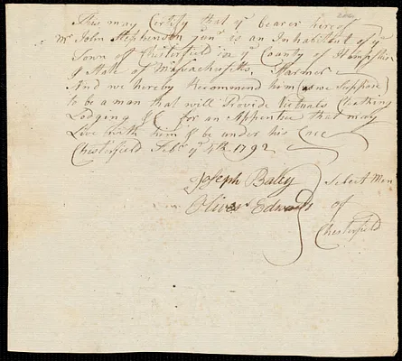 James Brown indentured to apprentice with John Stephenson, Jr. of Chesterfield, 17 February 1792