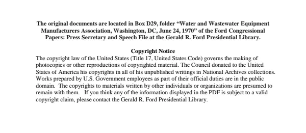 Water and Wastewater Equipment Manufacturers Association, Washington, DC, June 24, 1970