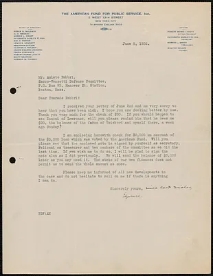 Elizabeth Gurley Flynn (The American Fund for Public Service, Inc.) typed letter signed to Amleto Fabbri, New York, N.Y., June 8, 1926