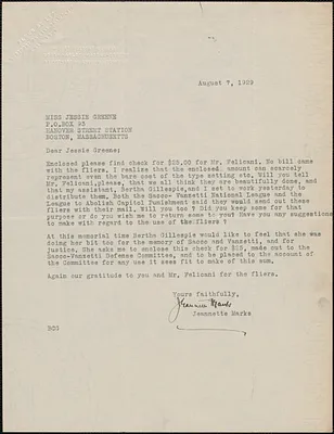 Jeanette Marks typed letter signed to Jessie Greene, Westport, N. Y., August 7, 1929