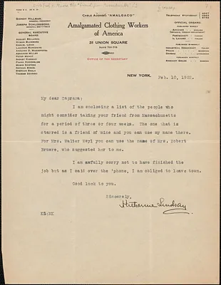Katherine Lindsay (Amalgamated Clothing Workers of America) typed letter signed to Caprana, New York, N. Y., February 10, 1922