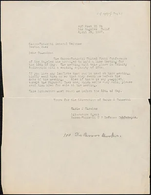 Chris J. Uhrskow typed letter to Sacco-Vanzetti Defense Committee, Los Angeles, Calif., April 29, 1927
