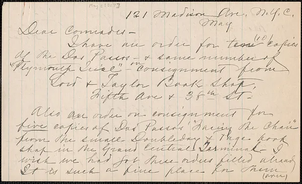 Mary C. Trask autograph letter signed to Sacco-Vanzetti Defense Committee, New York, N.Y., [May 1927]