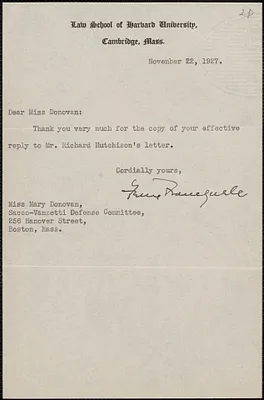 Felix Frankfurter typed note signed to Mary Donovan, Cambridge, Mass., November 22, 1927
