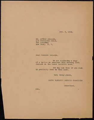 Sacco-Vanzetti Defense Committee typed note (copy) to Art Shields (The Federated Press), Boston, Mass., November 3, 1925