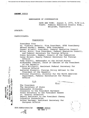 August 4, 1975 - Ford, Kissinger, Yugoslavian President Josip Broz Tito, Foreign Affairs Secretary Milos Minic