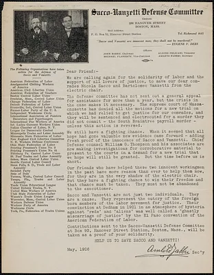 Amleto Fabbri (Sacco-Vanzetti Defense Committee) typed letter signed (circular), Boston, Mass., May 1926