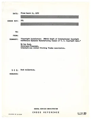 "Copyright Legislation: UNESCO Draft of International Copyright Convention Bypasses Manufacturing Clause of U.S. Copyright Laws," by Don Hurd