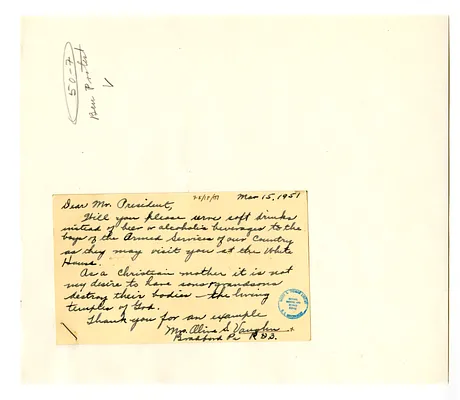 Postcard from Mrs. Olive Vaughn to President Harry S. Truman