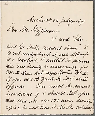 Mabel Loomis Todd, Amherst, Mass., autograph letter signed to Thomas Wentworth Higginson, 22 July 1891