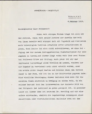 Drechsler, Robert Walter, fl. 1913 typed letter signed to Hugo Münsterberg, Berlin, 6 February 1913