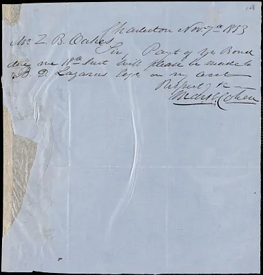 Mark Cohen, Charleston, S.C., autograph note signed to Ziba B. Oakes, 7 November 1853