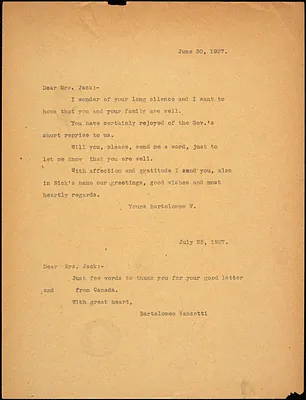 Bartolomeo Vanzetti typed note (copy) to Cerise Jack, [Dedham], 30 June 1927 ; Bartolomeo Vanzetti typed note (copy) to Cerise Jack, [Charlestown], 25 July 1927