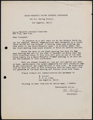 M. Airoff (Sacco-Vanzetti United Defense Conference) typed letter signed to Sacco-Vanzetti Defense Committee (New York), Los Angeles, Calif., [November? 1924]
