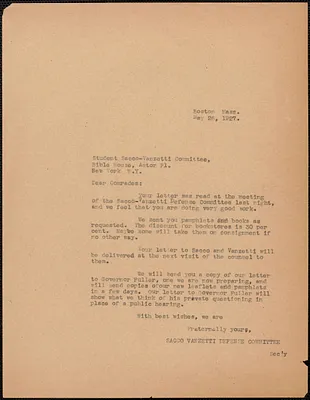 Sacco-Vanzetti Defense Committee typed letter (copy) to the Student Sacco-Vanzetti Committee, Boston, Mass., May 26, 1927