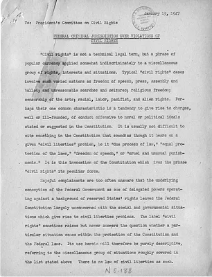 Report to President’s Committee on Civil Rights, Federal Criminal Jurisdiction Over Violations of Civil Rights
