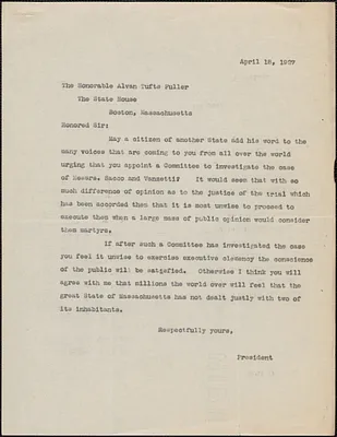 Typed letter (copy) to Alvan [T.] Fuller, April 18, 1927