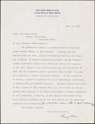 Boas, Franz, 1858-1942 typed letter signed to Hugo Münsterberg, New York, 19 November 1909