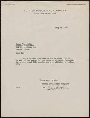 Albert Steinhauser (Turner Publishing Company) typed note signed to Sacco-Vanzetti Defense Committee, New Ulm, Minn., July 26, 1926