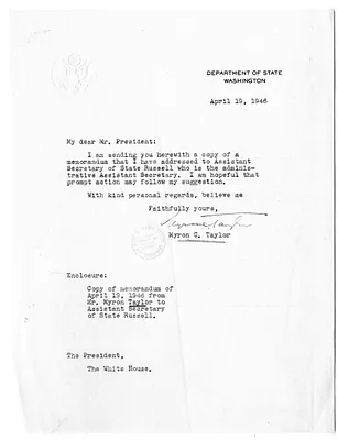 Letter from Myron Taylor to President Harry S. Truman, with Attachment