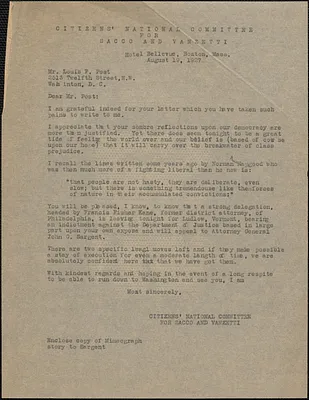 Citizens National Committee for Sacco and Vanzetti typed letter (copy) to Louis Post, Boston, Mass., August 19, 1927