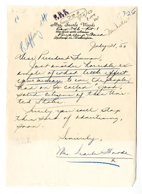 Letter from Mrs. Searle Woods to President Harry S. Truman with Attached Newspaper Clipping