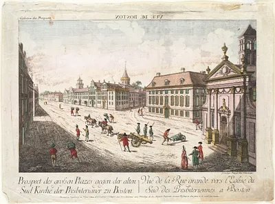 Prospect des grossen Plazes gegen der alten Sud Kirche der Presbiterianer zu Boston