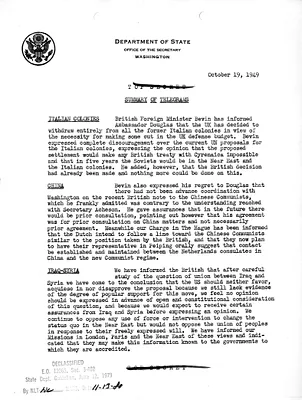 Memorandum, State Department Summary of Telegrams