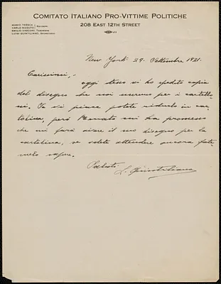 Luigi Quintiliano (Comitato Italiano Pro-Vittime Politiche) autograph letter signed, in Italian, to [Sacco-Vanzetti Defense Committee], New York, N.Y., September 29, 1921