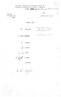 Shopping List for Tea for Members of the Institute on Guidance Problems of Boys and Girls in Rural Industrial Areas