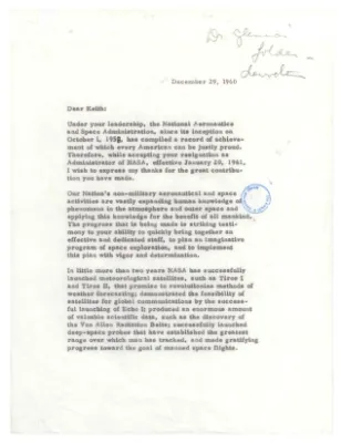 Letter from President Dwight D. Eisenhower to Dr. Keith Glennan Accepting His Resignation as Administrator of NASA