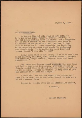 Aldino Felicani typed letter (copy) to [Harry] Kelly, [Boston, Mass.], August 4, 1933