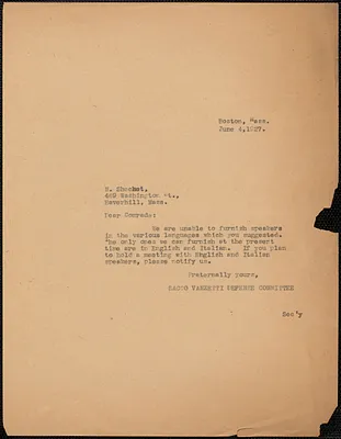 Sacco-Vanzetti Defense Committee typed note (copy) to N. Shechet, Boston, Mass., June 4, 1927