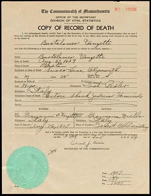 Copy of record of death of Bartolomeo Vanzetti
