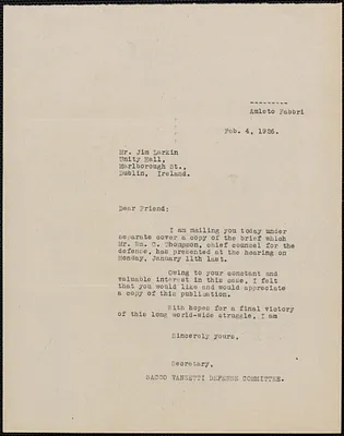 Amleto Fabbri (Sacco-Vanzetti Defense Committee) typed note (copy) to James Larkin, Boston, Mass., February 4, 1926