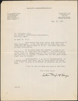 Arthur Garfield Hays typed letter to Creighton [J.] Hill, New York, N. Y., August 29, 1927