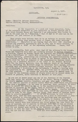 Typed letter to Sacco-Vanzetti Defense Committee, Washington, D.C., August 6, 1927