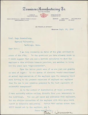 Dennison, Henry Sturgis, 1877-1952 typed letter signed to Hugo Münsterberg, Boston, 30 September 1913