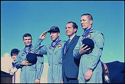 President Richard M. Nixon meeting with the Apollo 13 astronauts in Hawaii and awarding them the Congressional Medal of Honor