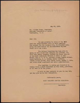 Emilio Coda (Sacco-Vanzetti Defense Committee) typed letter (copy) to William Green (American Federation of Labor), Boston, Mass., May 29, 1925