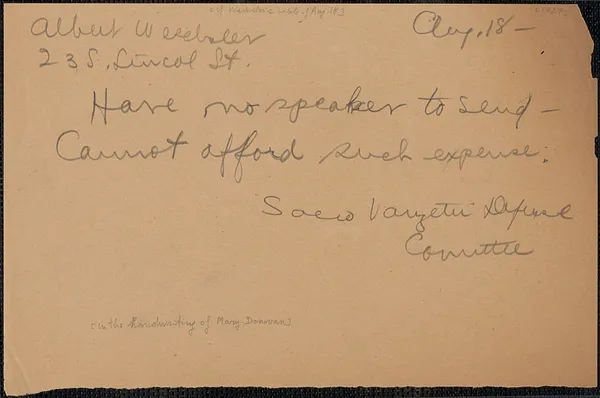 Mary Donovan (Sacco-Vanzetti Defense Committee) telegram to Albert Wechsler (Sacco-Vanzetti Conference of Chicago), Boston, Mass., August 18, [1927]