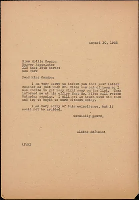 Aldino Felicani typed letter (copy) to Mollie Condon (Survey Associates), [Boston, Mass.], August 10, 1933