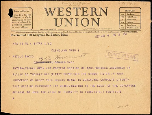 Sacco-Vanzetti Defense Committee (Cleveland) typed cable (copy) to Nicola Sacco, Cleveland, 4 May 1927