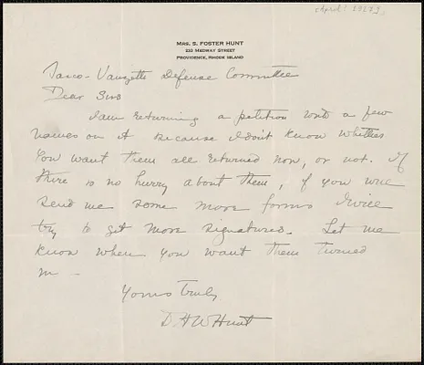 D. H. W. Hunt autograph letter signed to Sacco-Vanzetti Defense Committee, Providence, R.I., [April? 1927]