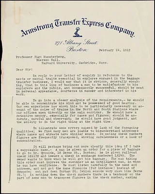 Chamberlain, W. E., fl.1912 typed letter signed to Hugo Münsterberg, Boston, 14 February 1912