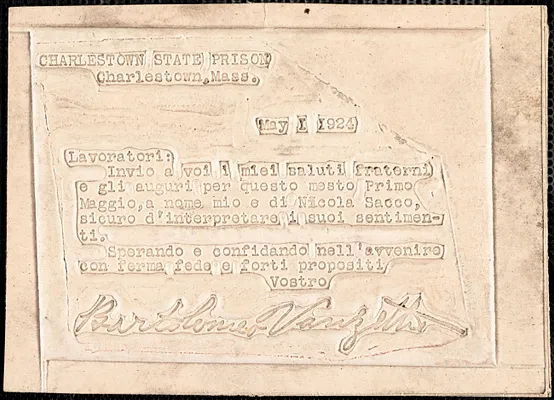 Bartolomeo Vanzetti embossed card to "Lavoratori", Charlestown State Prison, 1 May 1924