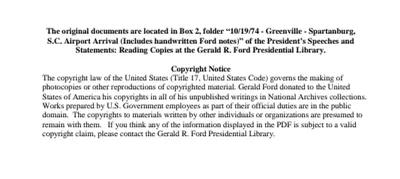 10/19/74 - Greenville - Spartanburg, S.C. Airport Arrival (Includes handwritten Ford notes)